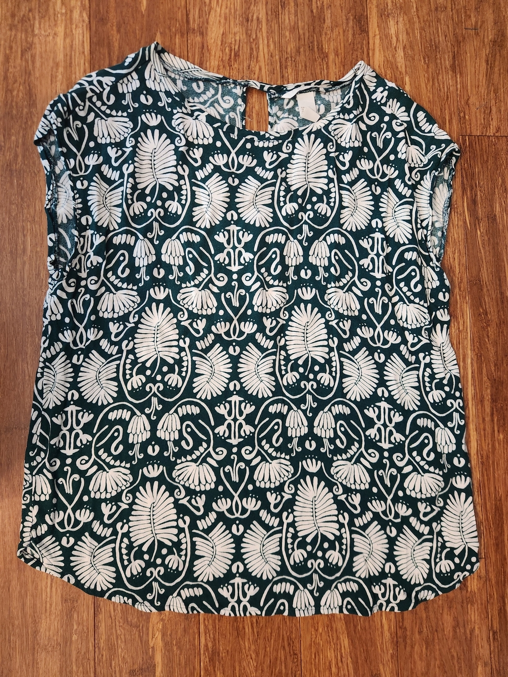 H&M Women’s Dark Green Floral Print Cap Sleeve Top Office Casual, Size 14